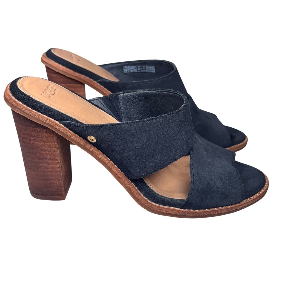 UGG Suede Block Heel Mules Navy Open Toe Boho Nautical Preppy Coastal Sz 7.5